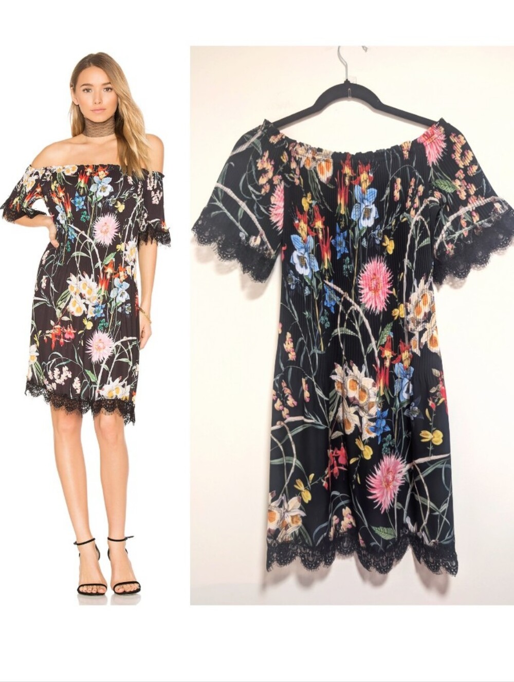 DELFI Collective | Floral Plissé Off-The-Shoulder Mini Dress In Black Multi